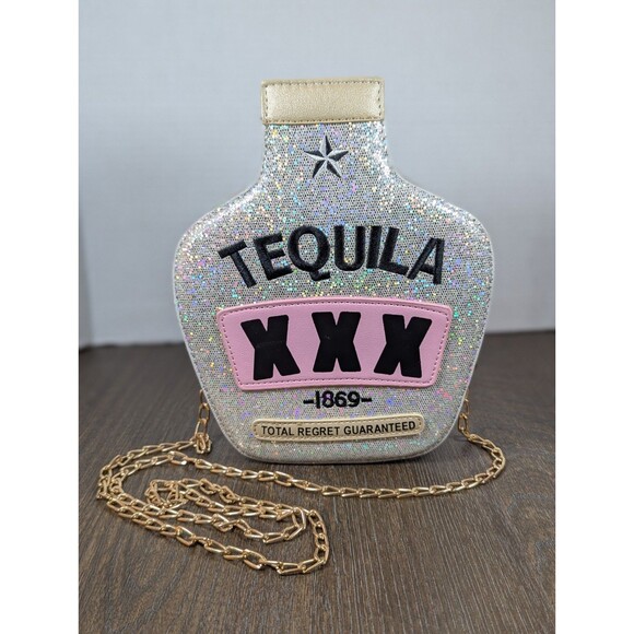 TEQUILA Liquor Bottle Purse Silver Glitter Shoulder Crossbody Novelty Club Party - Picture 1 of 10